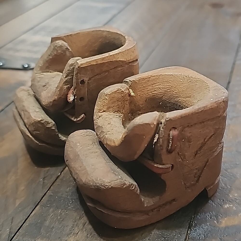 Vintage Hand Carved Folk Art Boot Candle Holders